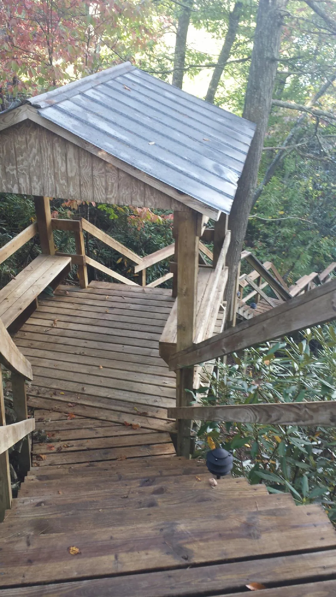 Metal roofed shelter over wooden steps on a wooded walkway — Skylight Repair & Installation work by our crew in Estillfork